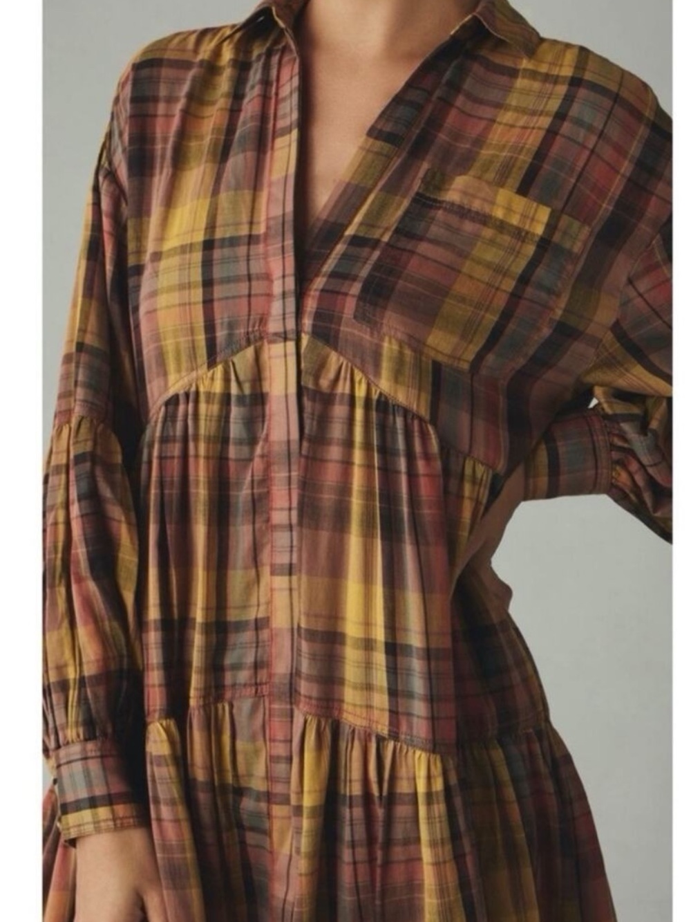 Anthropologie | pilcro Plaid Tiered Button-Front Dress in Mustard and Deep Red - Picture 5 of 15